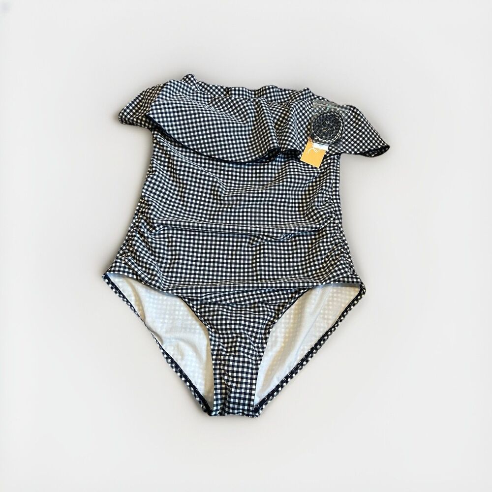 Kona Sol Navy White Gingham Ruffle One Piece Swimsuit Size L 12-14 Modest